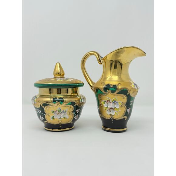 Unknown Other - Murano Style Sugar Bowl and Creamer Pitcher Glass Hand Painted Green and Gold